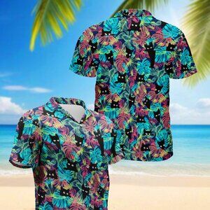 Black Cat Tropical Leave Hawaiian Shirt Aloha Cat Unisex Beach Shirt Full Size